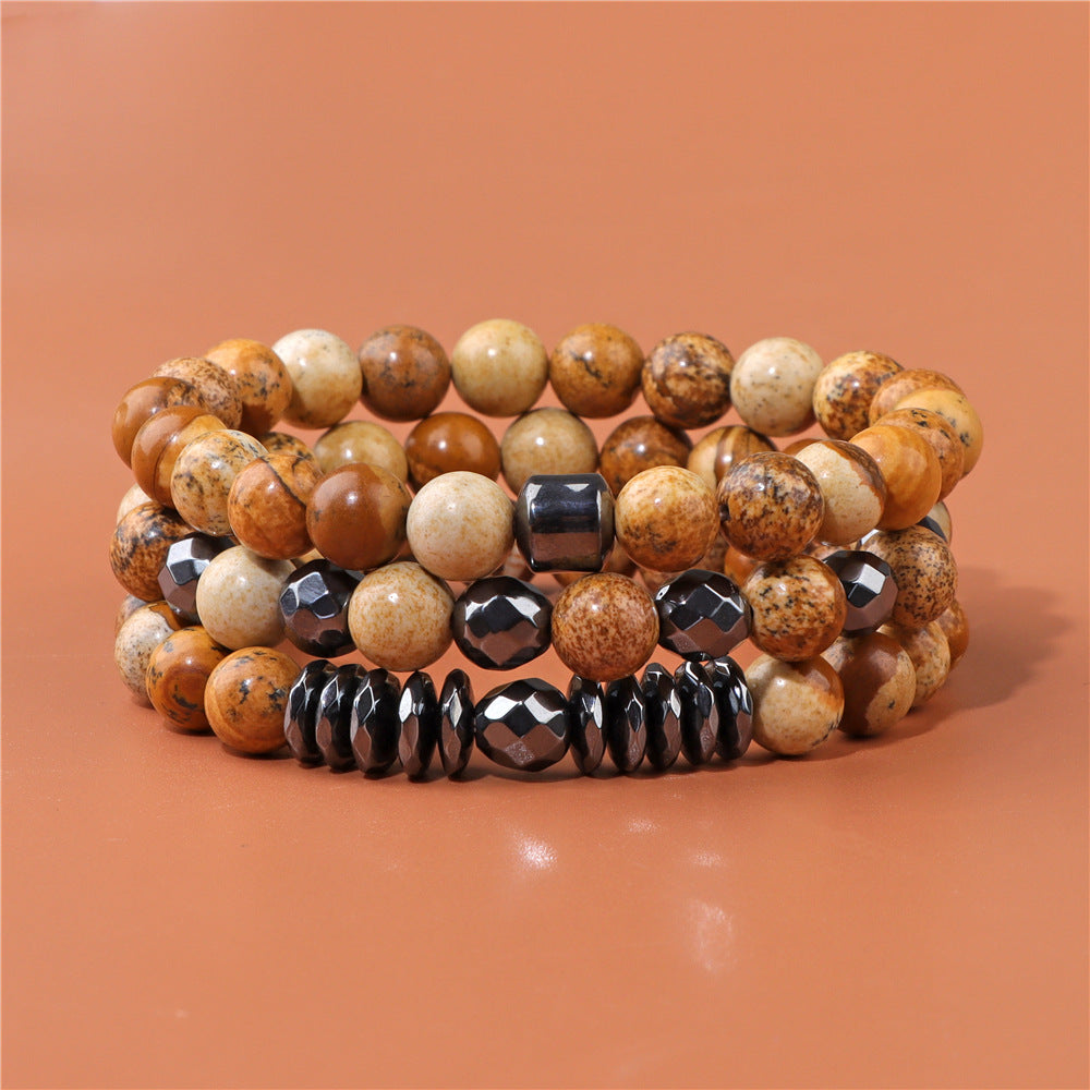 Natural Picture Stone Three-Layer Men’s Bracelet Black Gallstone Spacer Elastic Bracelet