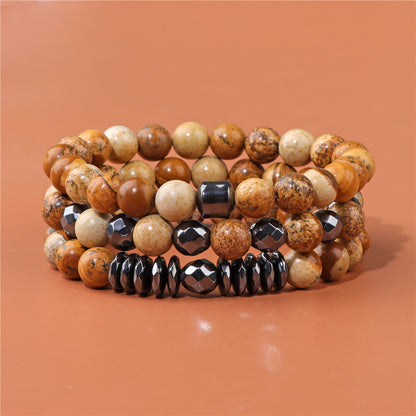 Natural Picture Stone Three-Layer Men’s Bracelet Black Gallstone Spacer Elastic Bracelet