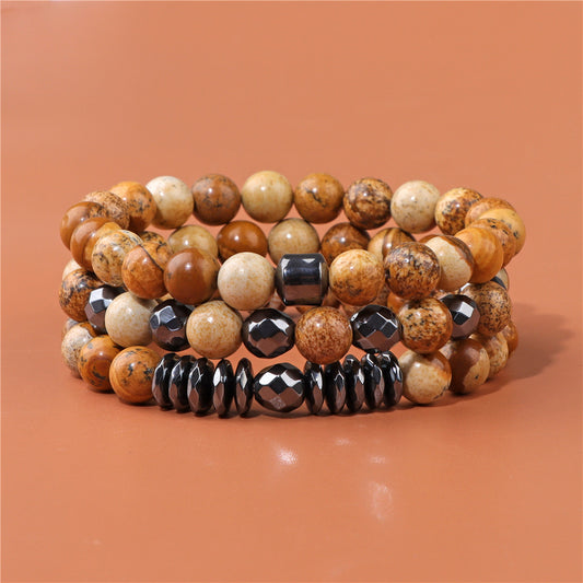 Natural Picture Stone Three-Layer Men’s Bracelet Black Gallstone Spacer Elastic Bracelet
