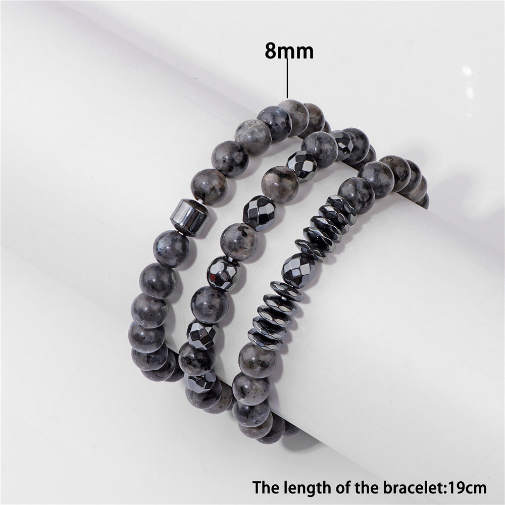 Natural Picture Stone Three-Layer Men’s Bracelet Black Gallstone Spacer Elastic Bracelet