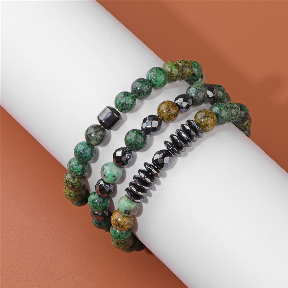 Natural Picture Stone Three-Layer Men’s Bracelet Black Gallstone Spacer Elastic Bracelet