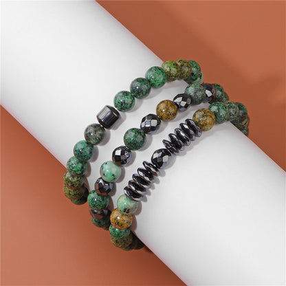 Natural Picture Stone Three-Layer Men’s Bracelet Black Gallstone Spacer Elastic Bracelet