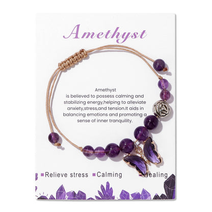 Natural Stone Amethyst Bracelet Butterfly Pendant Women’s Bracelet Hand-Woven String