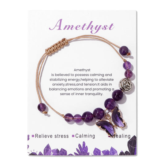 Natural Stone Amethyst Bracelet Butterfly Pendant Women’s Bracelet Hand-Woven String