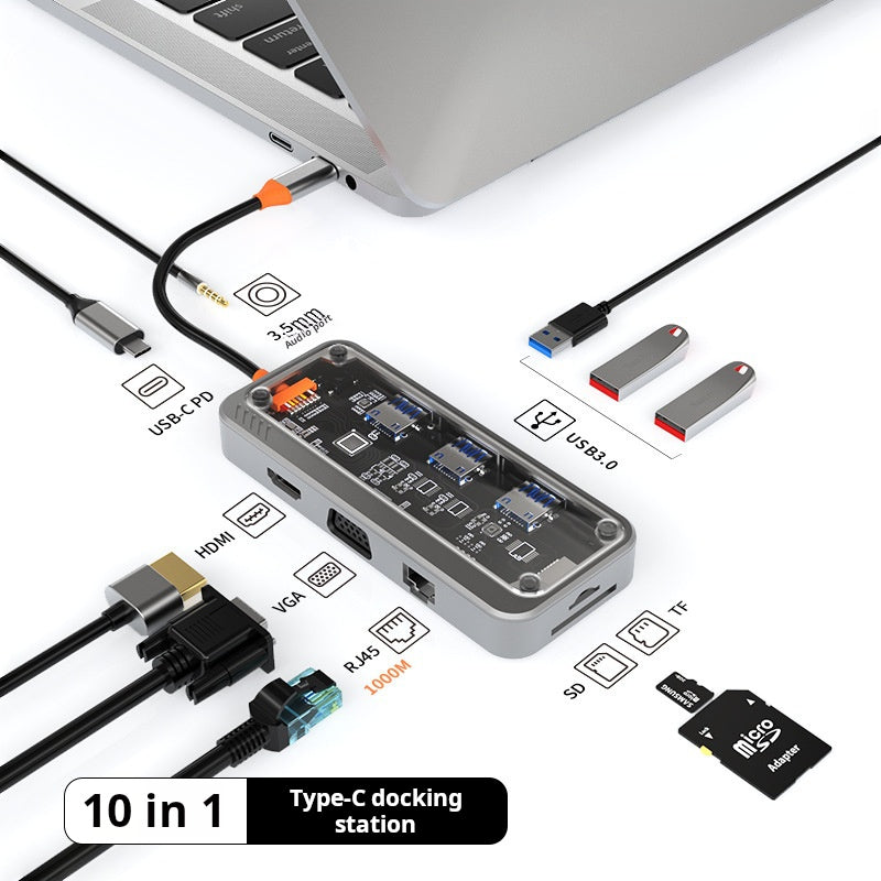 Transparent USB Hub 10 In 1 Type C Docking Station