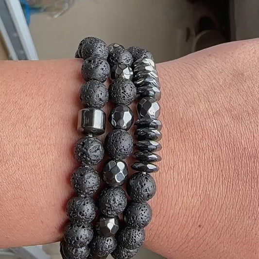 Natural Picture Stone Three-Layer Men’s Bracelet Black Gallstone Spacer Elastic Bracelet